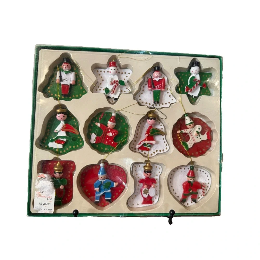 Vintage Christmas 12 Wooden Ornaments Hand Made Hand Painted 3-4